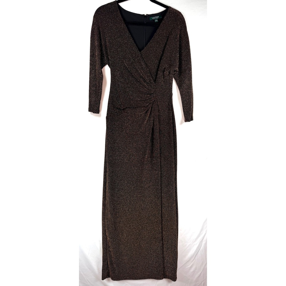 Lauren Ralph Lauren Metallic Gold Black V-Neck Gown Long Sleeve Maxi Dress 4